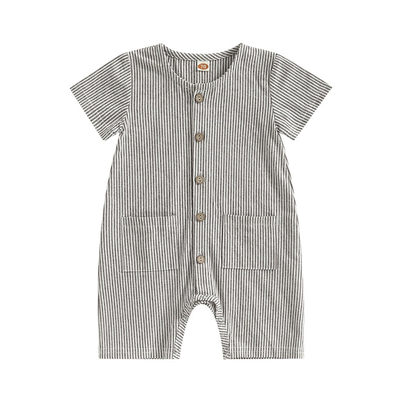 Baby Boys Girls Jumpsuit Solid Color Striped Short Sleeve Button Down Romper