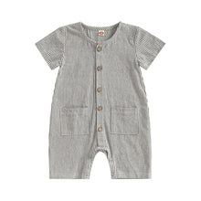 Load image into Gallery viewer, Baby Boys Girls Jumpsuit Solid Color Striped Short Sleeve Button Down Romper
