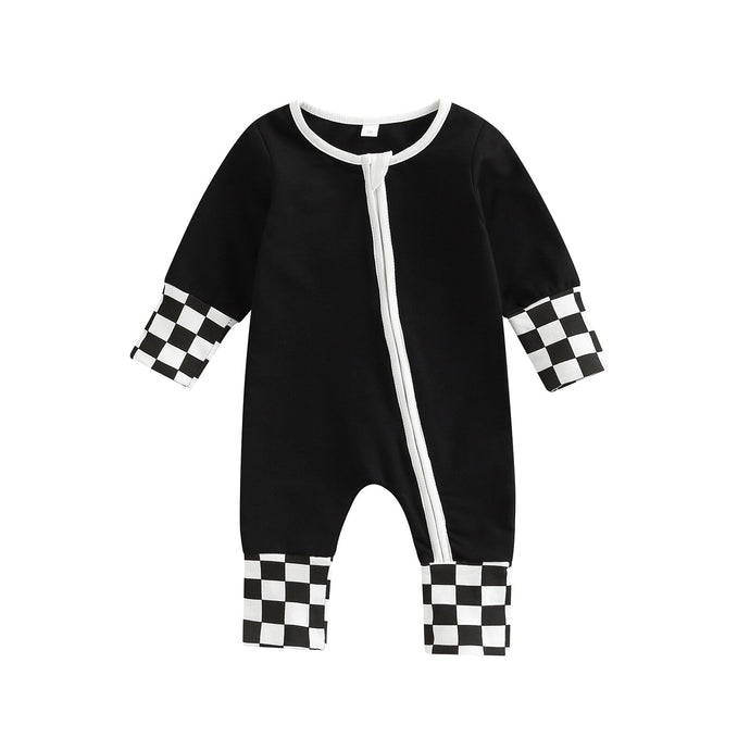 Toddler Baby Zip Rompers Checkerboard Patchwork Round Neck Long Sleeve Jumpsuit