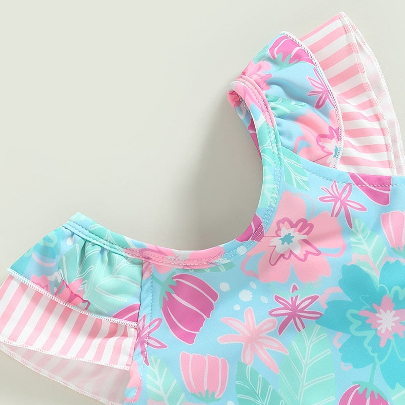 Infant Baby Girl Swimsuits Ruffle Trim Floral Print Flutter Sleeves Swimwear Beachwear