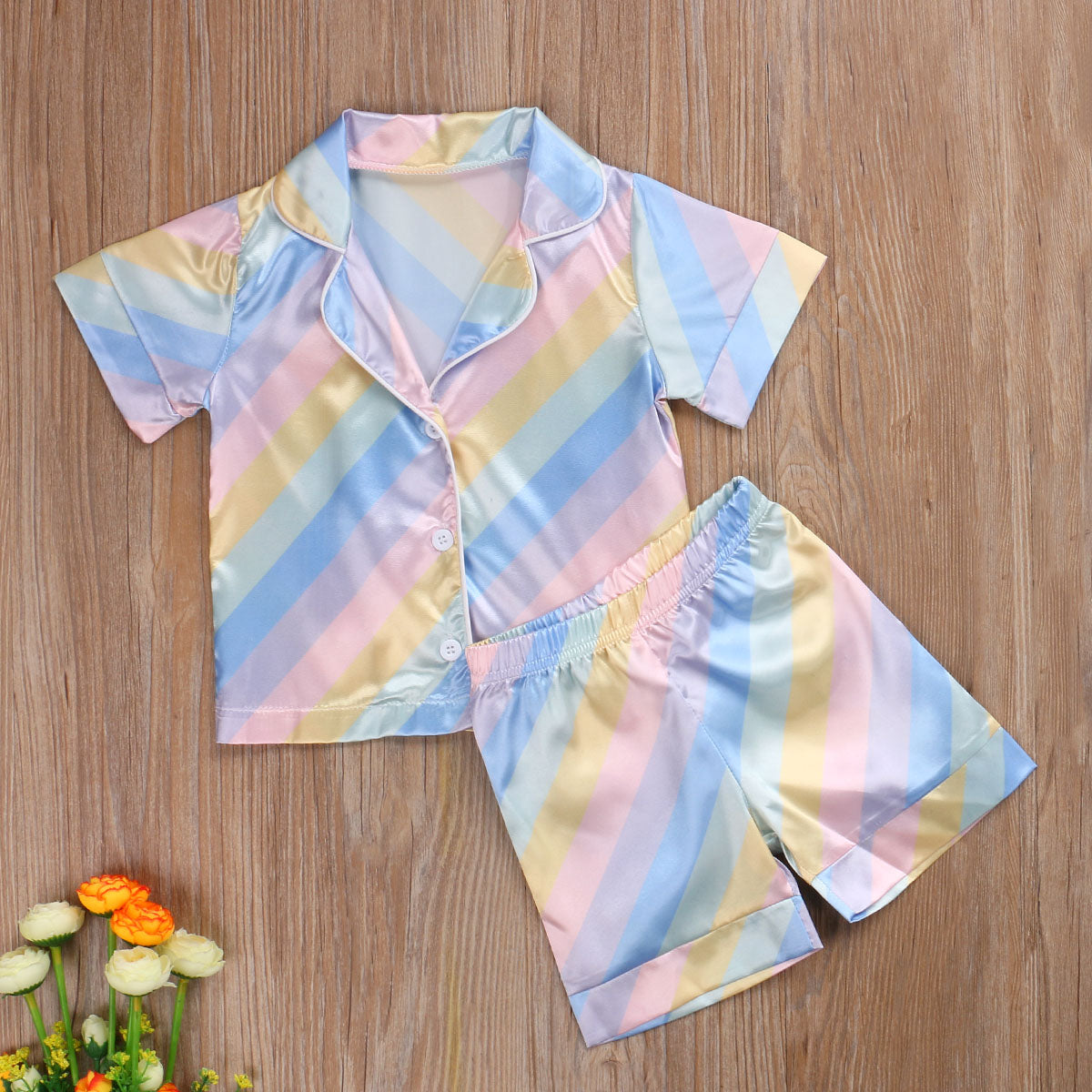 2 Pcs Rainbow Girl Pajamas Set Toddler Short/Long Sleeve Cardigan Elastic Waist Pants