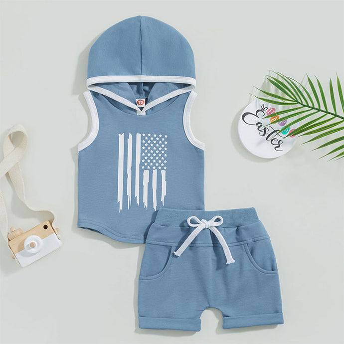 Baby Toddler Boys 2Pcs Outfit Tank Top Flag Stripe Stars Print Hooded Top and Drawstring Shorts