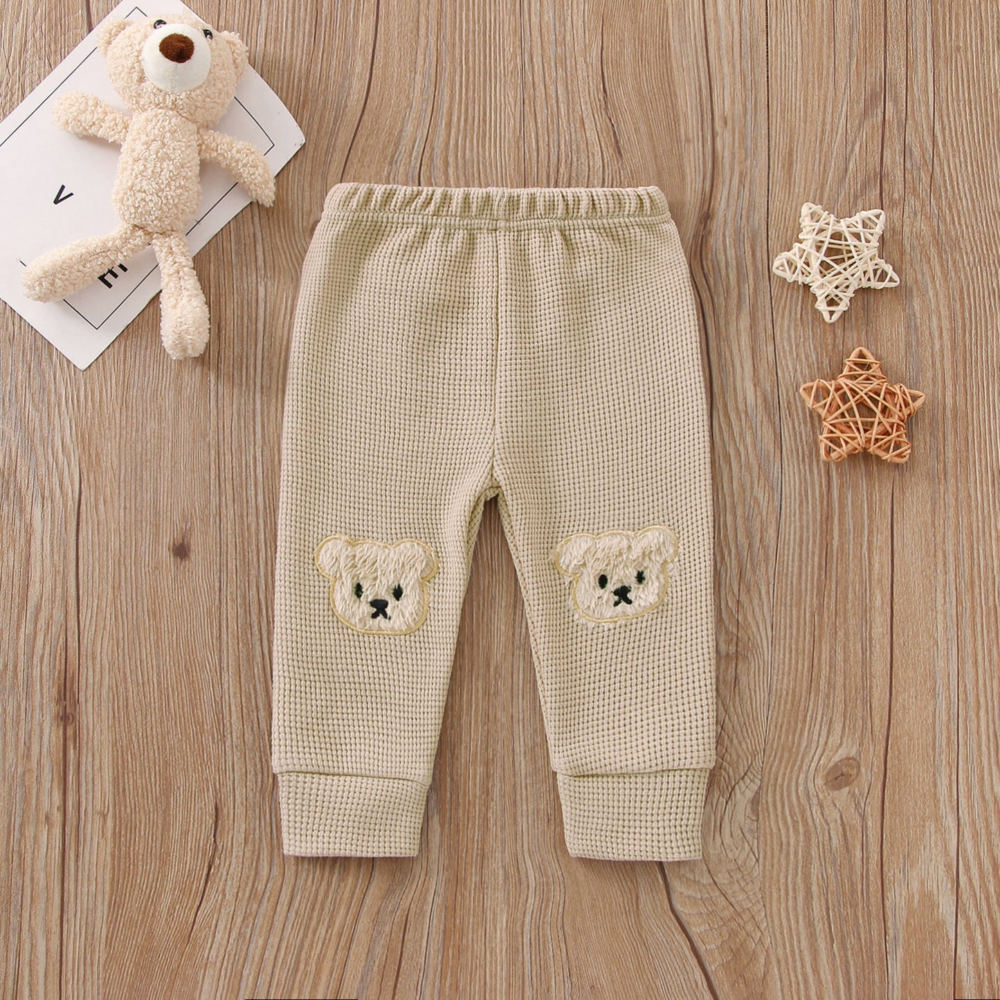 Baby Girls Boys Bear Waffle Knit Pants