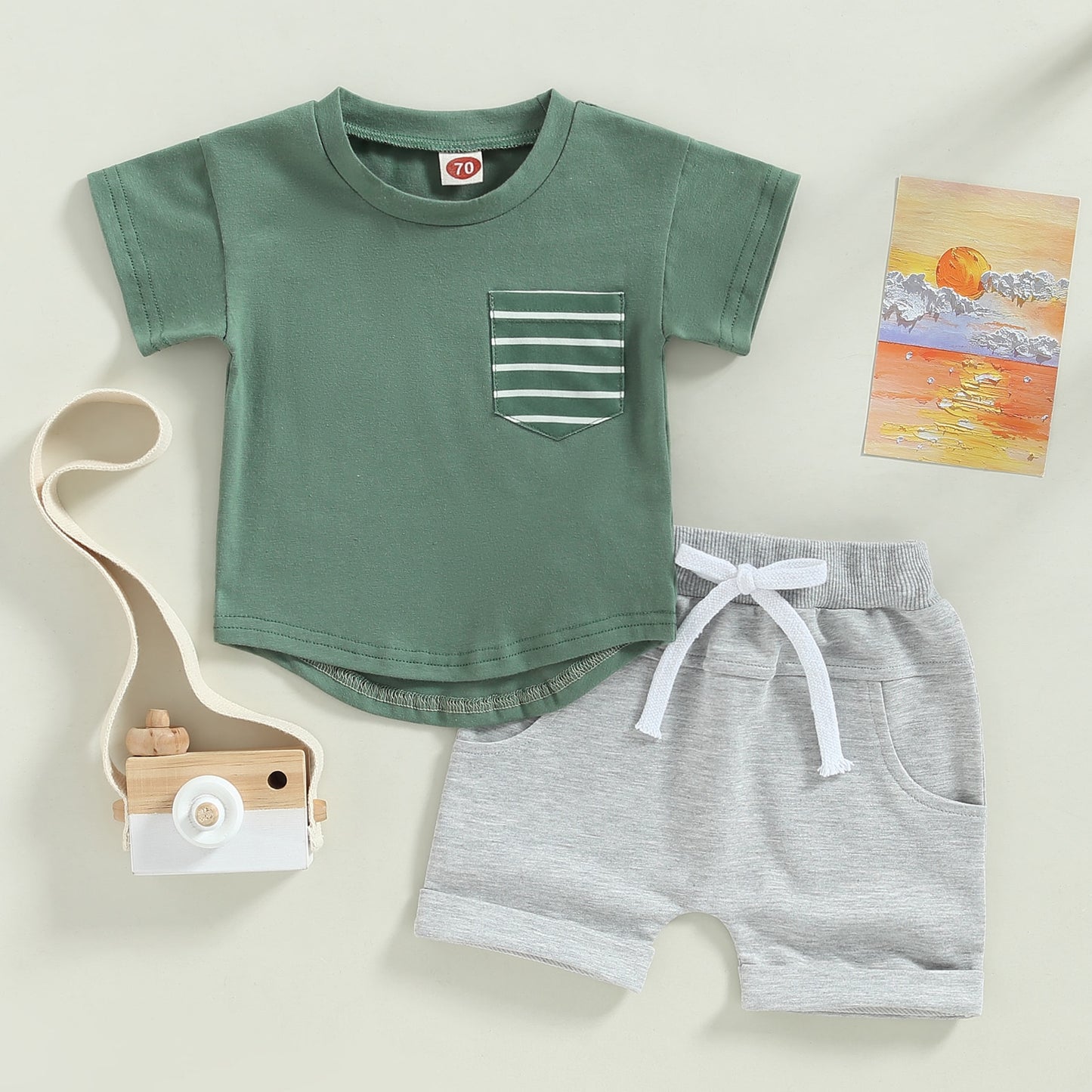 Toddler Baby Boys 2Pcs Shorts Outfit Short Sleeve Crew Neck Stripes Pocket T-shirt with Elastic Waist Shorts