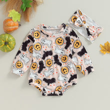Load image into Gallery viewer, Baby Girl 2Pcs Halloween Outfits Long Sleeve Pumpkin Ghost Print Bodysuit Romper with Headband Set
