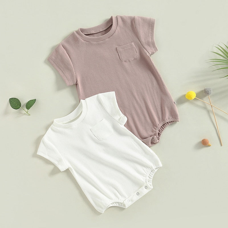 Baby Boy Girl Summer Bodysuit Casual Ribbed Tshirt Short Sleeve Round Neck Solid Bubble Romper