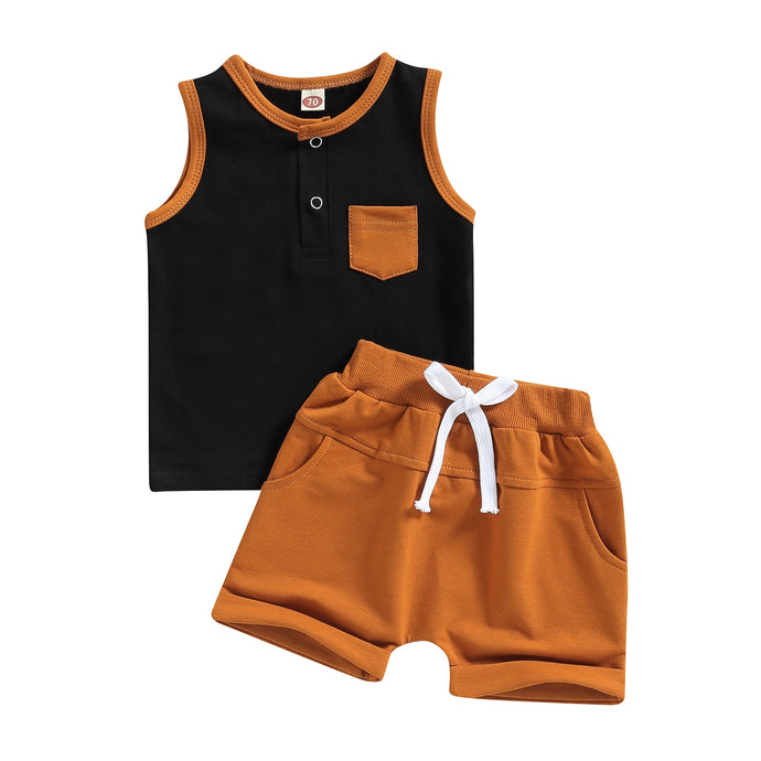 Baby Kids Boys 2Pcs Pocket Two Color Tank Top with Elastic Waist Shorts Outfit