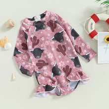 Load image into Gallery viewer, Toddler Girls Bathing Suit Long Sleeve Cattle and Floral Print Swimwear
