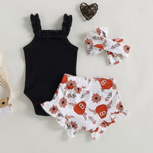 Load image into Gallery viewer, Infant Baby Girl 3Pcs Outfit Sets Black Tank Top Ruffle Bodysuit Cattle Cow Head Print Shorts Headband
