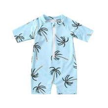 Load image into Gallery viewer, Toddler Girls Boys Summer Romper Swimwear Blue Short Sleeve Tropical Palm Tree Print Zipper Romper
