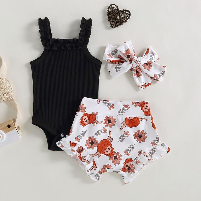 Infant Baby Girl 3Pcs Outfit Sets Black Tank Top Ruffle Bodysuit Cattle Cow Head Print Shorts Headband