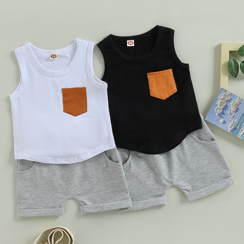 Toddler Baby Kid Boys 2Pcs Tank Top Chest Pocket and Drawstring Short Outfit