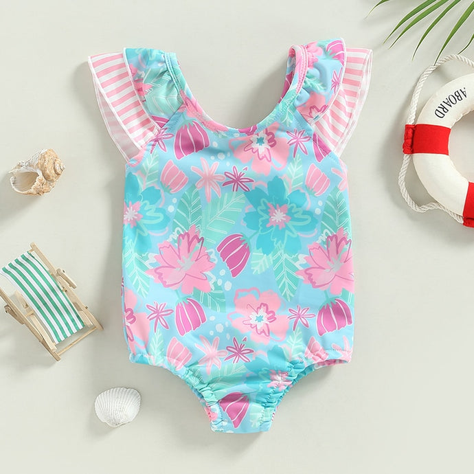 Infant Baby Girl Swimsuits Ruffle Trim Floral Print Flutter Sleeves Swimwear Beachwear