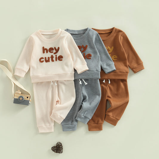 Toddler Baby Girl Boy 2Pcs Hey Cutie Outfit Long Sleeve Ribbed Knit Tops Pants Set