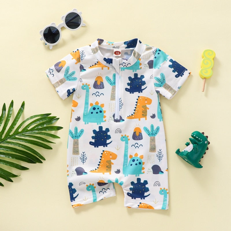 Baby Kids Boys Summer Swimsuit Cartoon Dinosaur Printed Short Sleeve Zipper Jumpsuit Swimwear Beachwear Rash guard