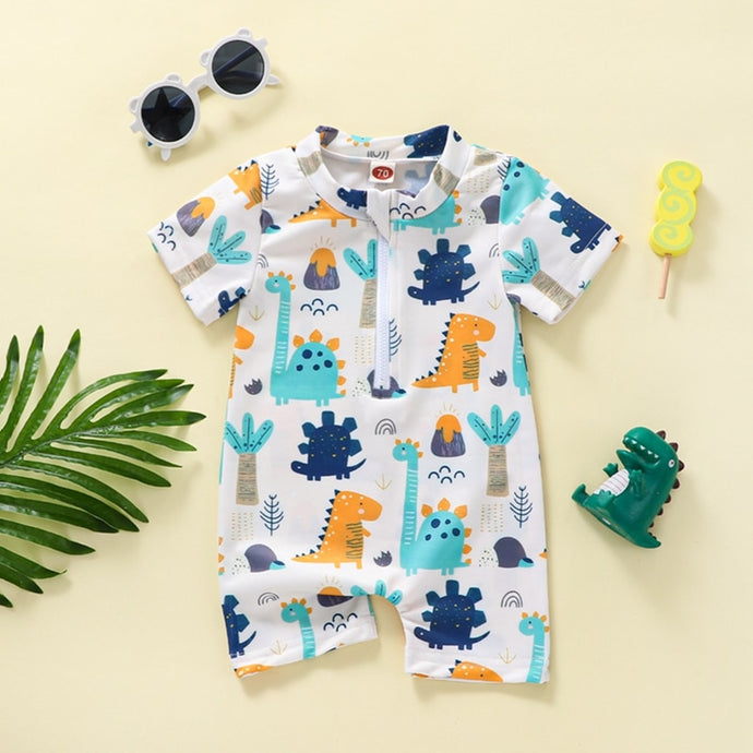 Baby Kids Boys Summer Swimsuit Cartoon Dinosaur Printed Short Sleeve Zipper Jumpsuit Swimwear Beachwear Rash guard