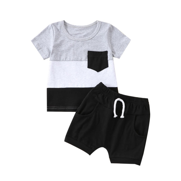 Toddler Kid Boys 2Pcs Color Block Stripe Chest Pocket T-Shirt and Drawstring Shorts Outfit