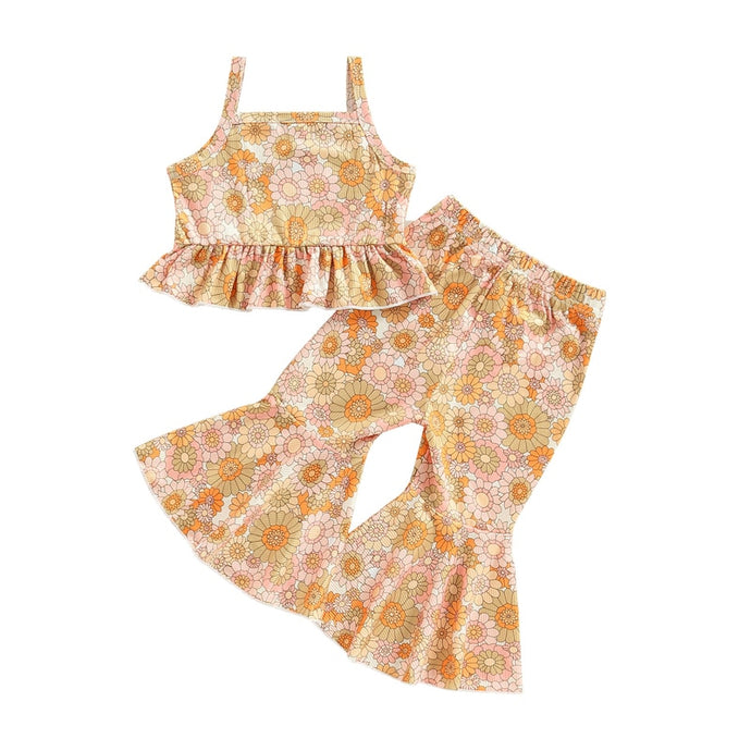 Baby Toddler Kids Girls 2Pcs Summer Outfit Flower Print Ruffled Camisole Elastic Flared Bell Bottom Pants