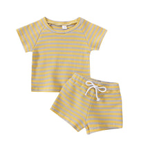 Load image into Gallery viewer, Infant Baby Boy Girl 2Pcs Outfit Short Sleeve Striped Shirt  Waffle Knit Top and Shorts
