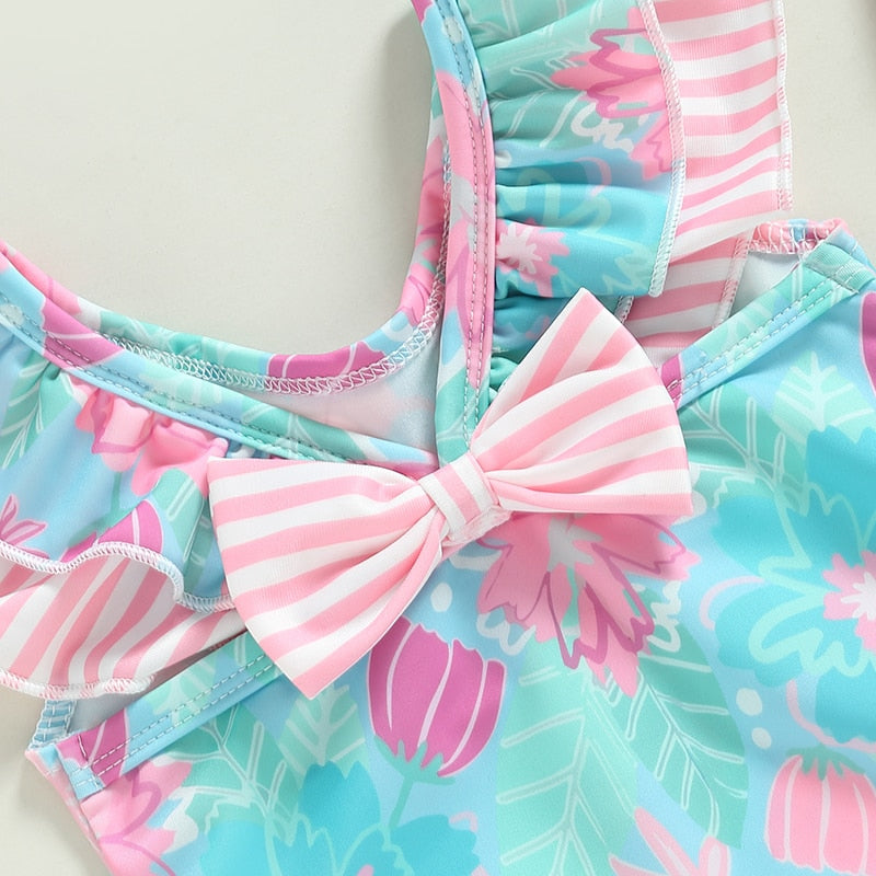 Infant Baby Girl Swimsuits Ruffle Trim Floral Print Flutter Sleeves Swimwear Beachwear