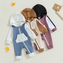 Load image into Gallery viewer, Baby Boy Girl Full Length Jumpsuit Contrast Color Hood Long Sleeve Romper with Zipper
