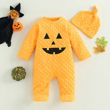 Load image into Gallery viewer, Baby Boy Girl 2Pcs Halloween Romper Flannel Jumpsuit Long Sleeve Pumpkin Face Print with Hat
