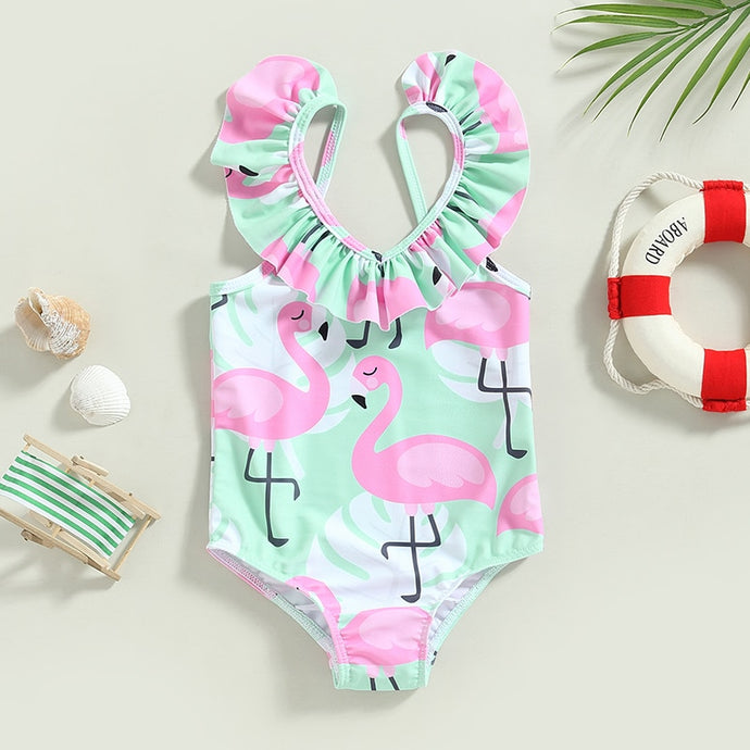 Baby Toddler Girl Swimsuits Flamingo Print Backless Flutter Sleeve Jumpsuit Swimwear Beachwear Bathing Suit