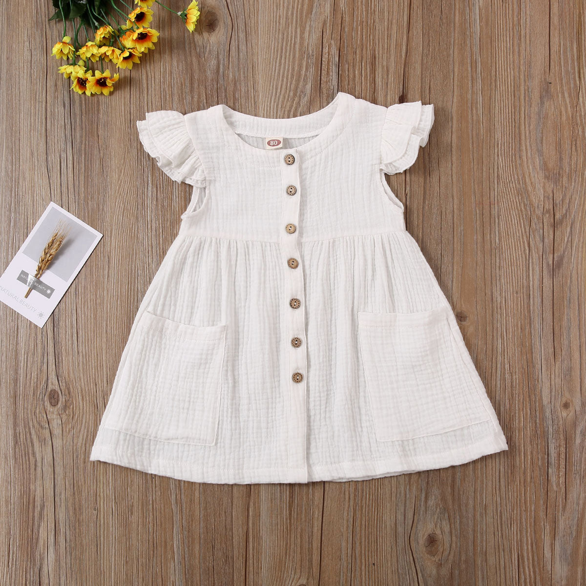 Toddler Kid Baby Girl Summer Dress Ruffles Sleeves Cotton Button Pocket Dress Sundress