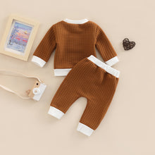Load image into Gallery viewer, Infant Baby Boy Girl 2Pcs Set Waffle Blocks Jacquard Contrast Long Sleeve Crew Neck Top and Pants
