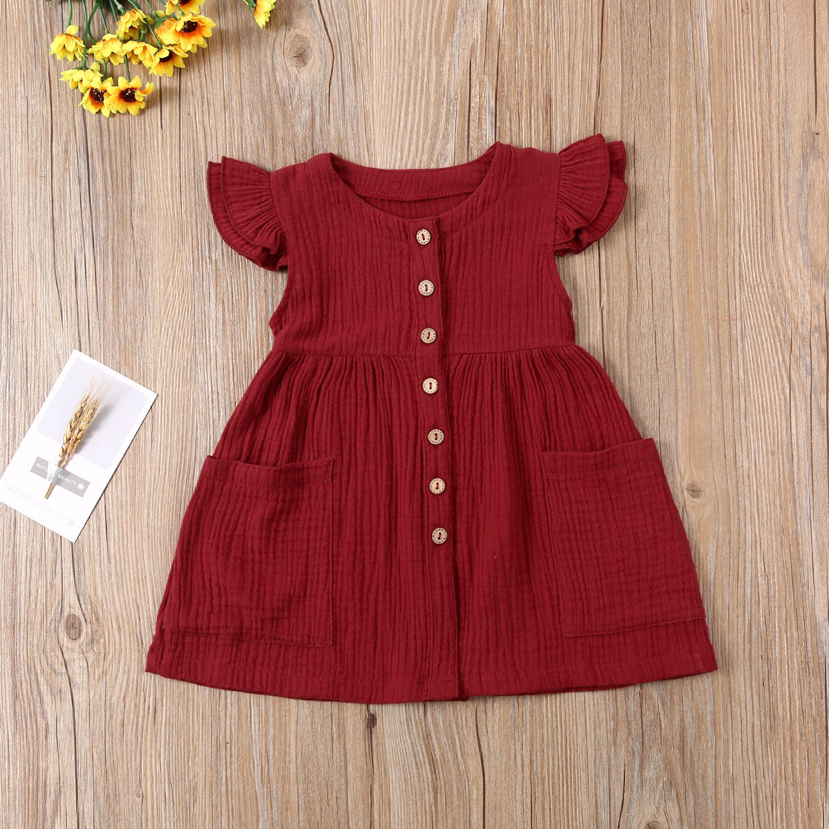 Toddler Kid Baby Girl Summer Dress Ruffles Sleeves Cotton Button Pocket Dress Sundress