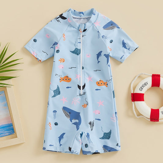 Toddler Baby Boy Girl Summer Marine Life Print Short Sleeve Front Zipper Shorts Swim Suit Swimwear