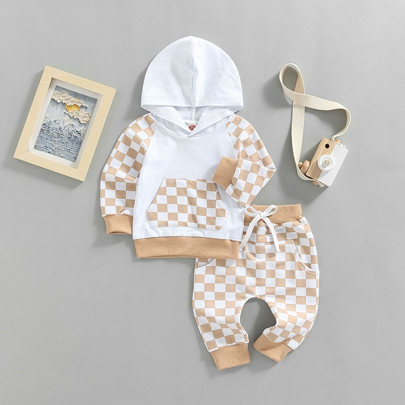 Baby Toddler Girl Boy Outfit 2Pcs Set Plaid Long Sleeve Hoodie with Pockets Elastic Drawstring Waist Pants