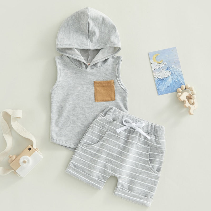 Baby Toddler Boys Summer 2PCS Outfit Hoodie Tank Top Striped Drawstring Shorts