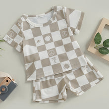 Load image into Gallery viewer, infant Girls Boys 2Pcs Outfit Sun Checkerboard Print Crew Neck Short Sleeve Waffle T-Shirts Shorts
