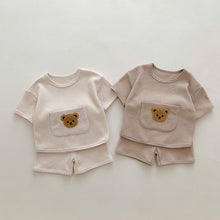 Load image into Gallery viewer, Baby Toddler Boy Girl Waffle Bear Pocket Tee and Shorts 2 Pcs Outfit
