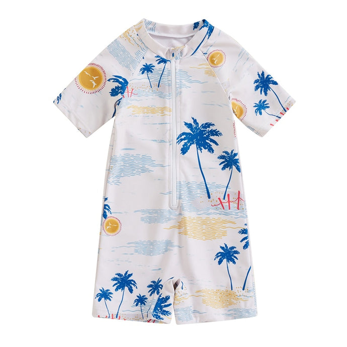 Toddler Baby Boy Girl Swimsuit Palm Tree Print Short Sleeve Zip Up Swimwear Bathing Suit