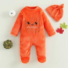 Load image into Gallery viewer, Baby Boy Girl 2Pcs Halloween Rompers Pumpkin Pattern Long Sleeve Fleece Footed Jumpsuit and Hat
