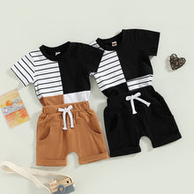 Load image into Gallery viewer, Toddler Baby 2Pcs Summer Outfit Color Block and Stripes Short Sleeve T-shirt Top and Pocket Shorts
