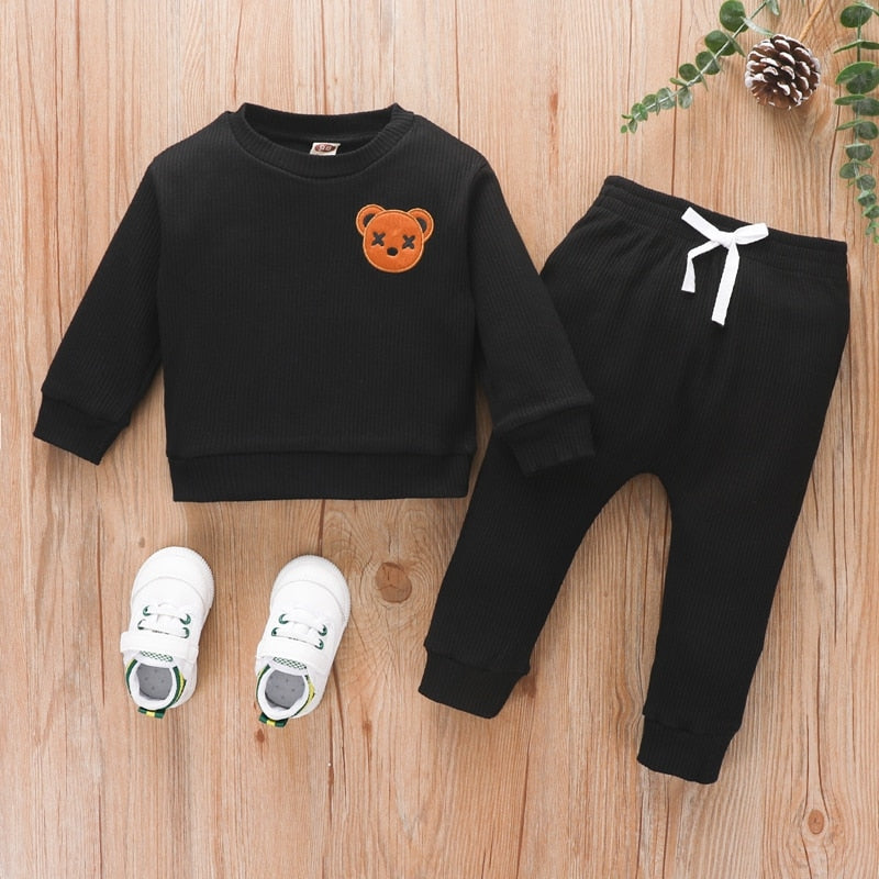 2 Piece Autumn Teddy Bear Print Baby Toddler Boy Girl Ribbed Long Sleeve And Pants Set