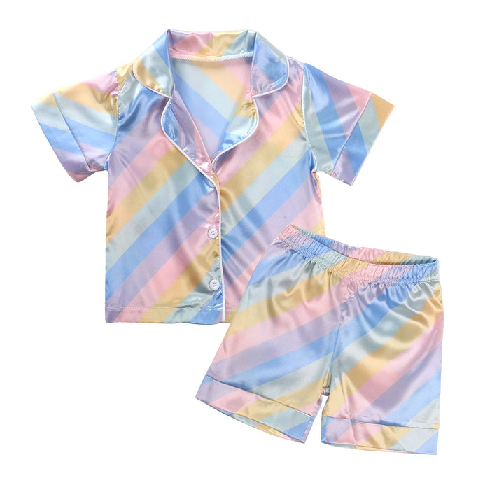 2 Pcs Rainbow Girl Pajamas Set Toddler Short/Long Sleeve Cardigan Elastic Waist Pants