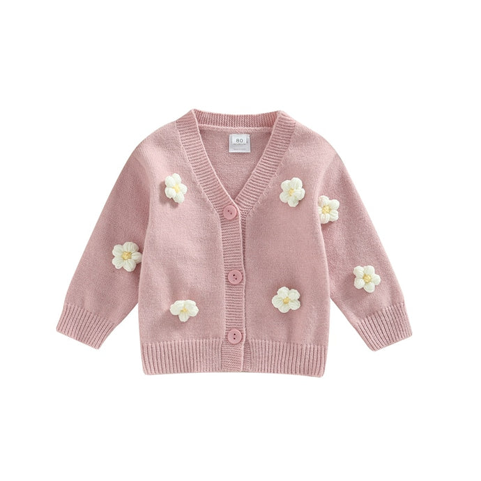 Toddler Kids Girls Sweater Long Sleeve V Neck Button Down Flower Knit Cardigan