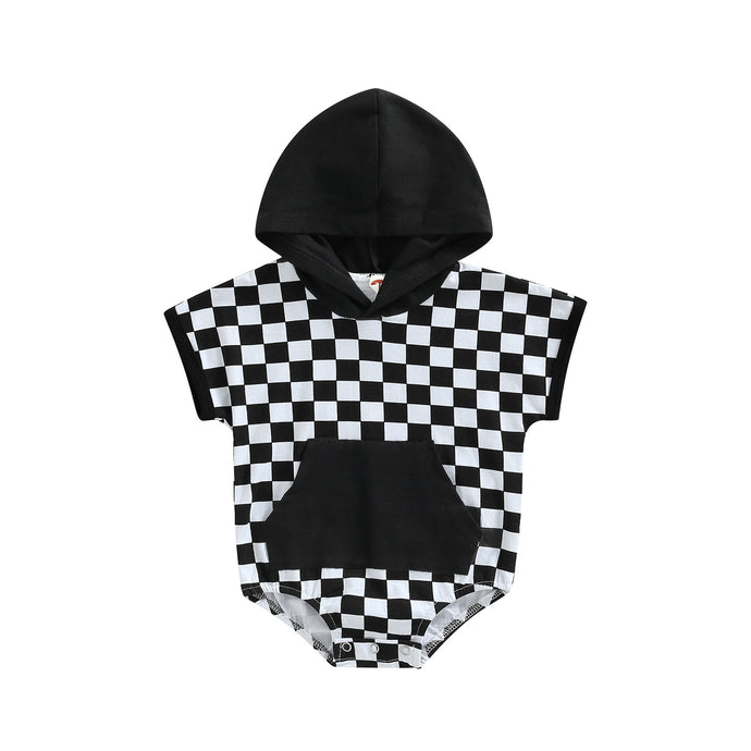 Baby Girls Boys Short Sleeve Checker Print Front Pocket Hooded Playsuit Bubble Romper