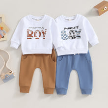 Load image into Gallery viewer, Baby Toddler Boy 2 Pcs Clothes Set Letter Mama&#39;s Boy Print Long Sleeve Crew Neck Pullover Top Elastic Pants Set
