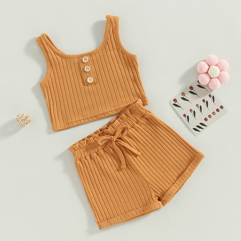 Baby Toddler Girls 2Pcs Summer Outfit Solid Button Tank Top and Ribbed Drawstring Shorts