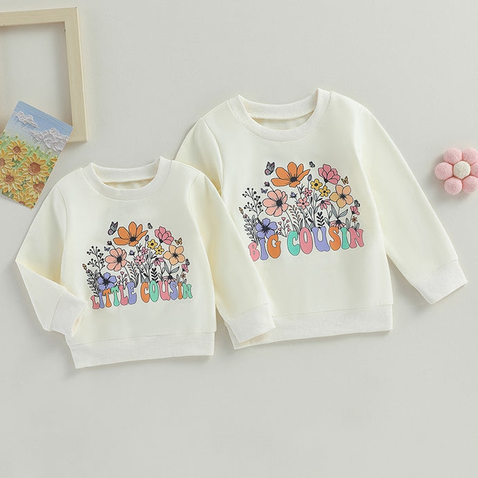 Toddler Baby Kids Girls Floral Little Cousin Big Cousin Print Long Sleeve Pullover Tops