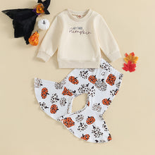 Load image into Gallery viewer, Baby Toddler Kids Girls 2Pcs Hey There Pumpkin Print Long Sleeve Top Flare Pants Halloween Outfit
