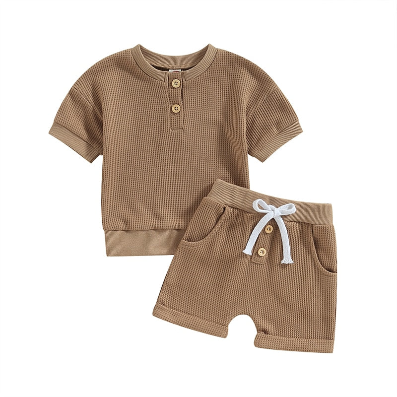 Infant Baby Girls Boys Waffle Knit Outfits Crew Neck Short Sleeve Top with Buttons and Cute Shorts