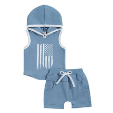 Load image into Gallery viewer, Baby Toddler Boys 2Pcs Outfit Tank Top Flag Stripe Stars Print Hooded Top and Drawstring Shorts

