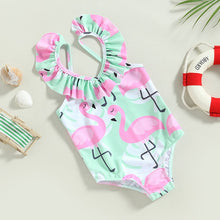 Load image into Gallery viewer, Baby Toddler Girl Swimsuits Flamingo Print Backless Flutter Sleeve Jumpsuit Swimwear Beachwear Bathing Suit
