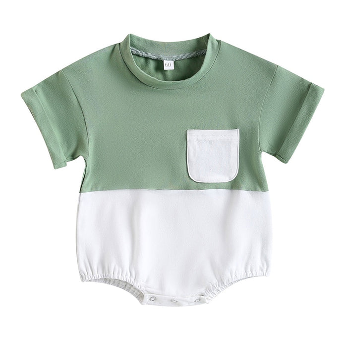 Baby Girl Boy Casual Bodysuit Short Sleeve Crew Neck Tee Color Block Pocket Bubble Romper